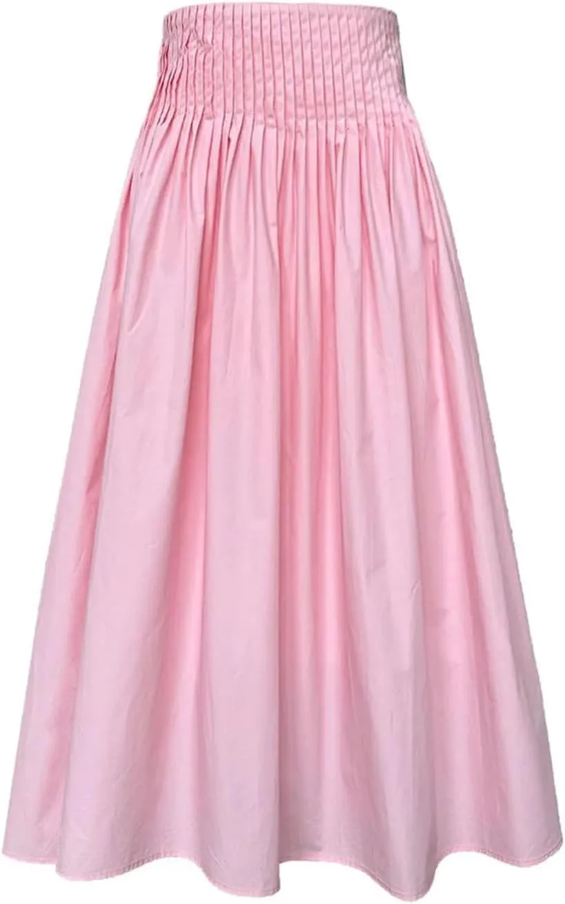 Women Pleated Elastic High Waist Skirt Solid Color A-Line Office Loose Skirts