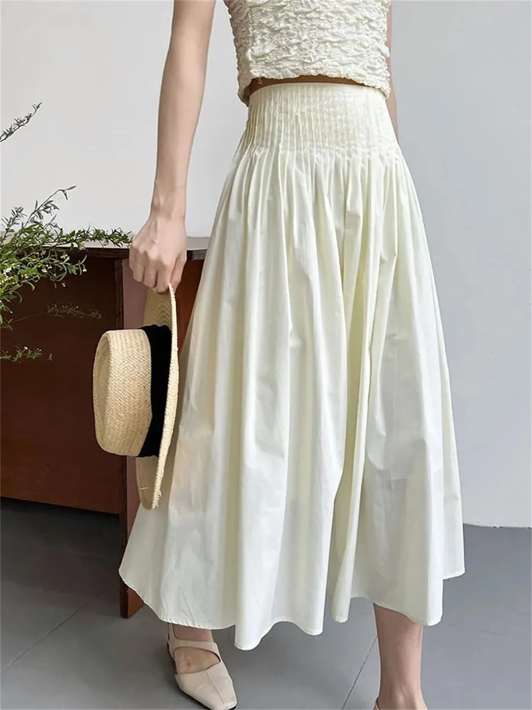 Women Pleated Elastic High Waist Skirt Solid Color A-Line Office Loose Skirts