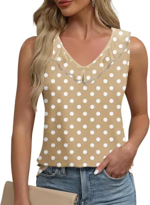 Women Polka Dot Summer Tank Tops, Sleeveless Ruffle Trim V-Neck Casual Vacation Shirts Soft Comfy Loose Daily Clothes