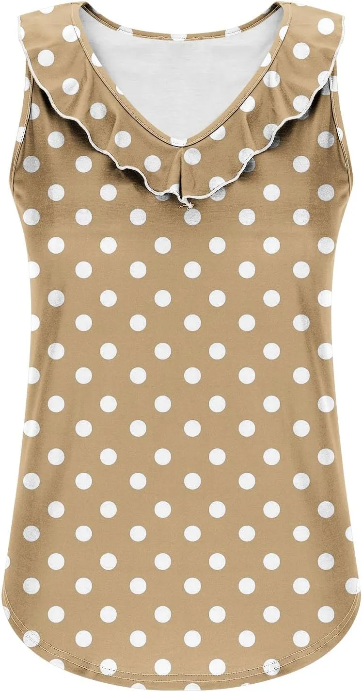Women Polka Dot Summer Tank Tops, Sleeveless Ruffle Trim V-Neck Casual Vacation Shirts Soft Comfy Loose Daily Clothes