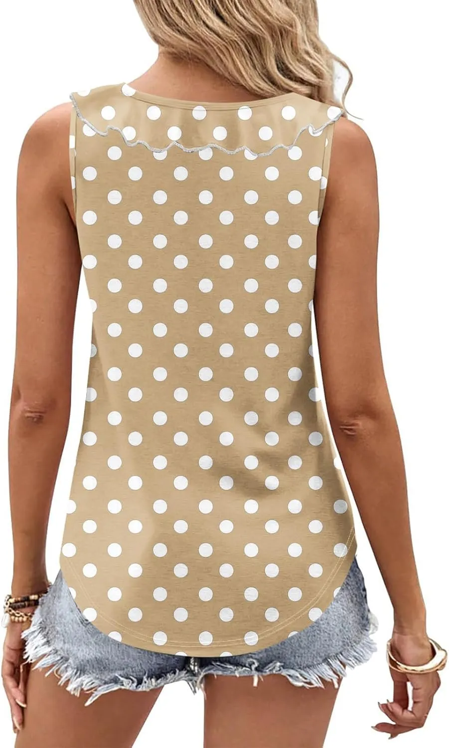 Women Polka Dot Summer Tank Tops, Sleeveless Ruffle Trim V-Neck Casual Vacation Shirts Soft Comfy Loose Daily Clothes