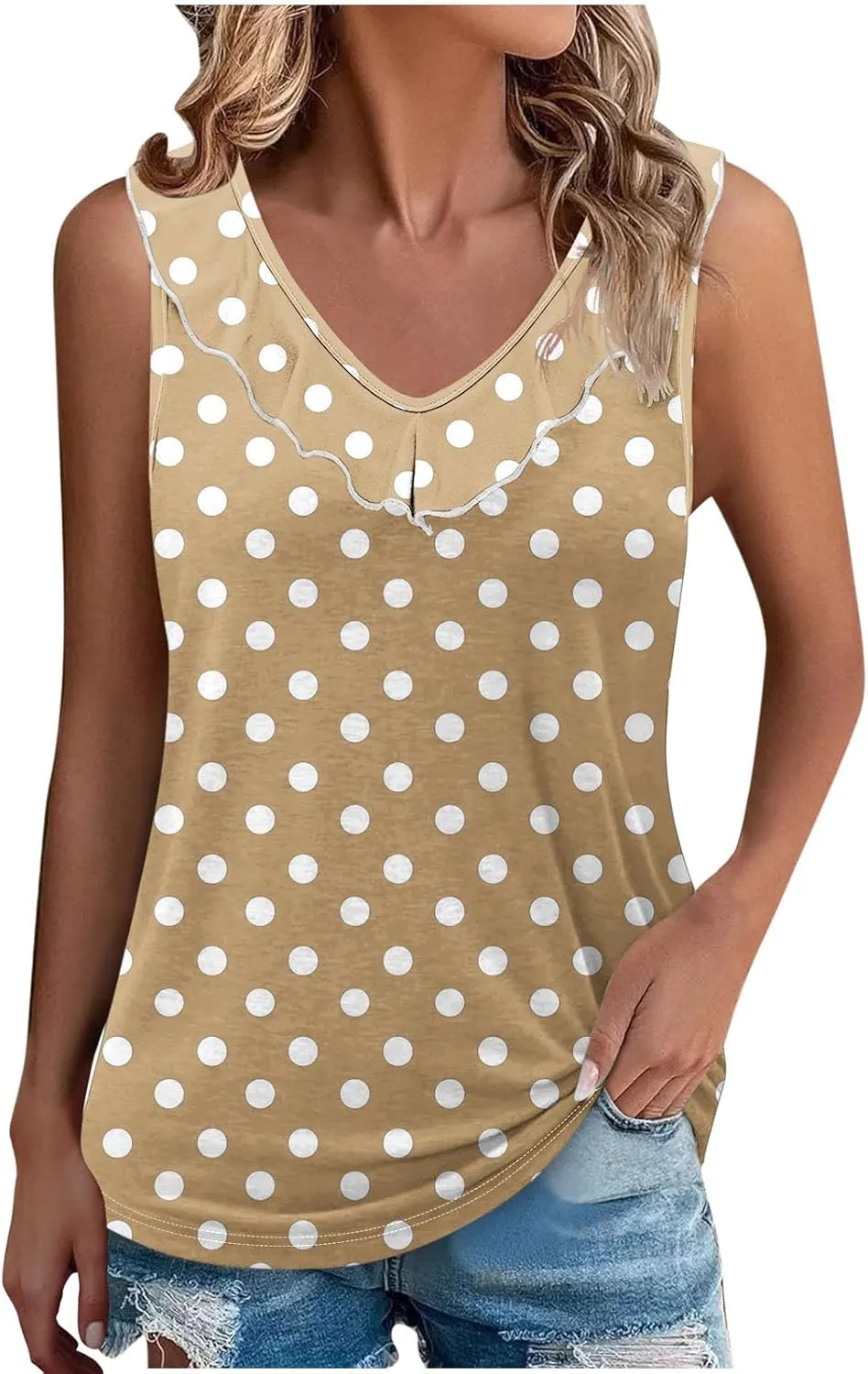 Women Polka Dot Summer Tank Tops, Sleeveless Ruffle Trim V-Neck Casual Vacation Shirts Soft Comfy Loose Daily Clothes