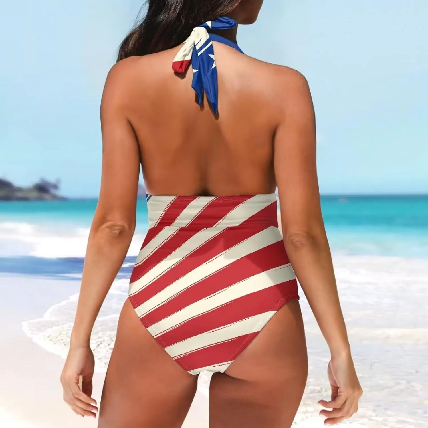 Women Sexy Tummy Control One Piece Swimsuits Sexy High Waist Wrap Swimwear Suit Stars and Stripes V Neck Swimwear