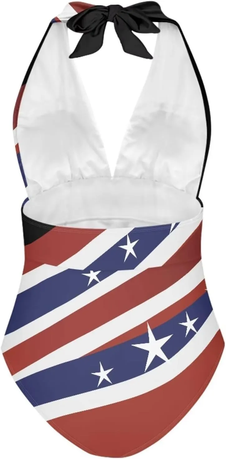 Women Sexy Tummy Control One Piece Swimsuits Sexy High Waist Wrap Swimwear Suit Stars and Stripes V Neck Swimwear