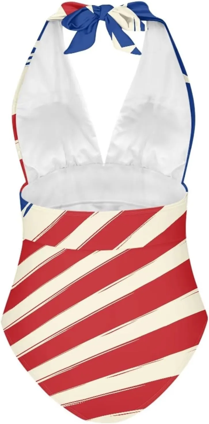Women Sexy Tummy Control One Piece Swimsuits Sexy High Waist Wrap Swimwear Suit Stars and Stripes V Neck Swimwear