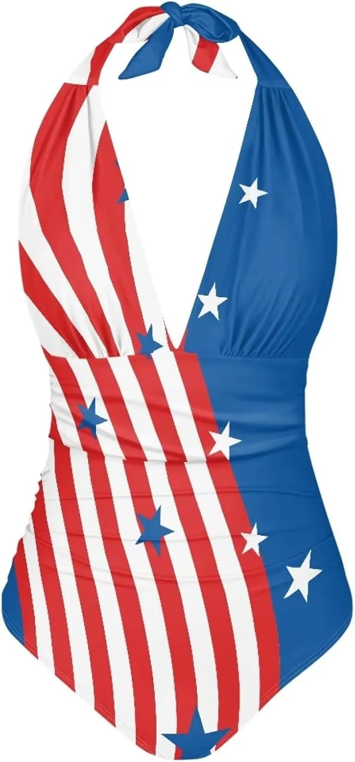 Women Sexy Tummy Control One Piece Swimsuits Sexy High Waist Wrap Swimwear Suit Stars and Stripes V Neck Swimwear