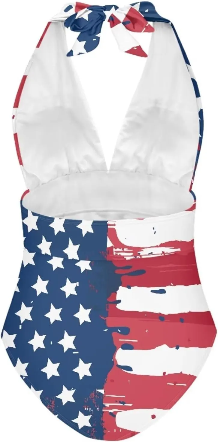 Women Sexy Tummy Control One Piece Swimsuits Sexy High Waist Wrap Swimwear Suit Stars and Stripes V Neck Swimwear