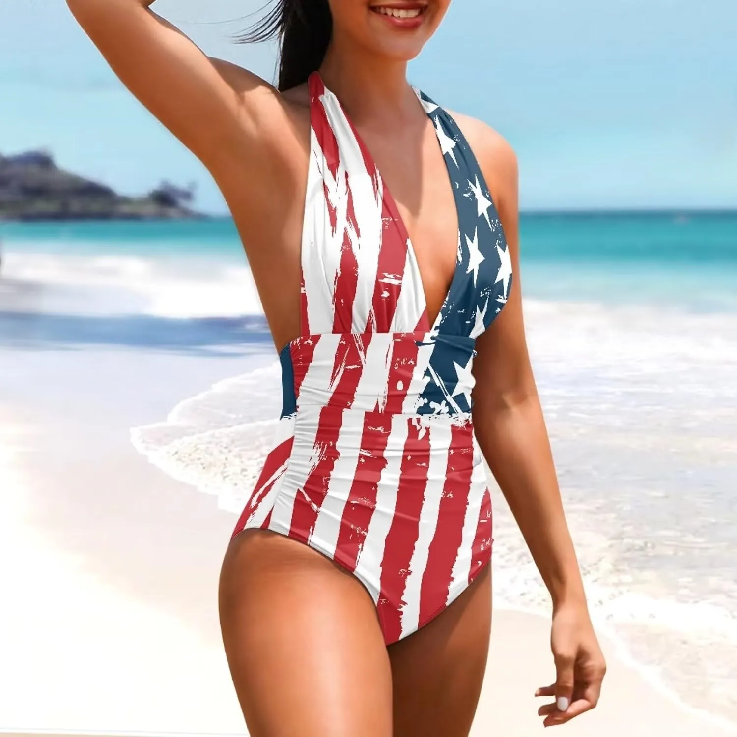 Women Sexy Tummy Control One Piece Swimsuits Sexy High Waist Wrap Swimwear Suit Stars and Stripes V Neck Swimwear