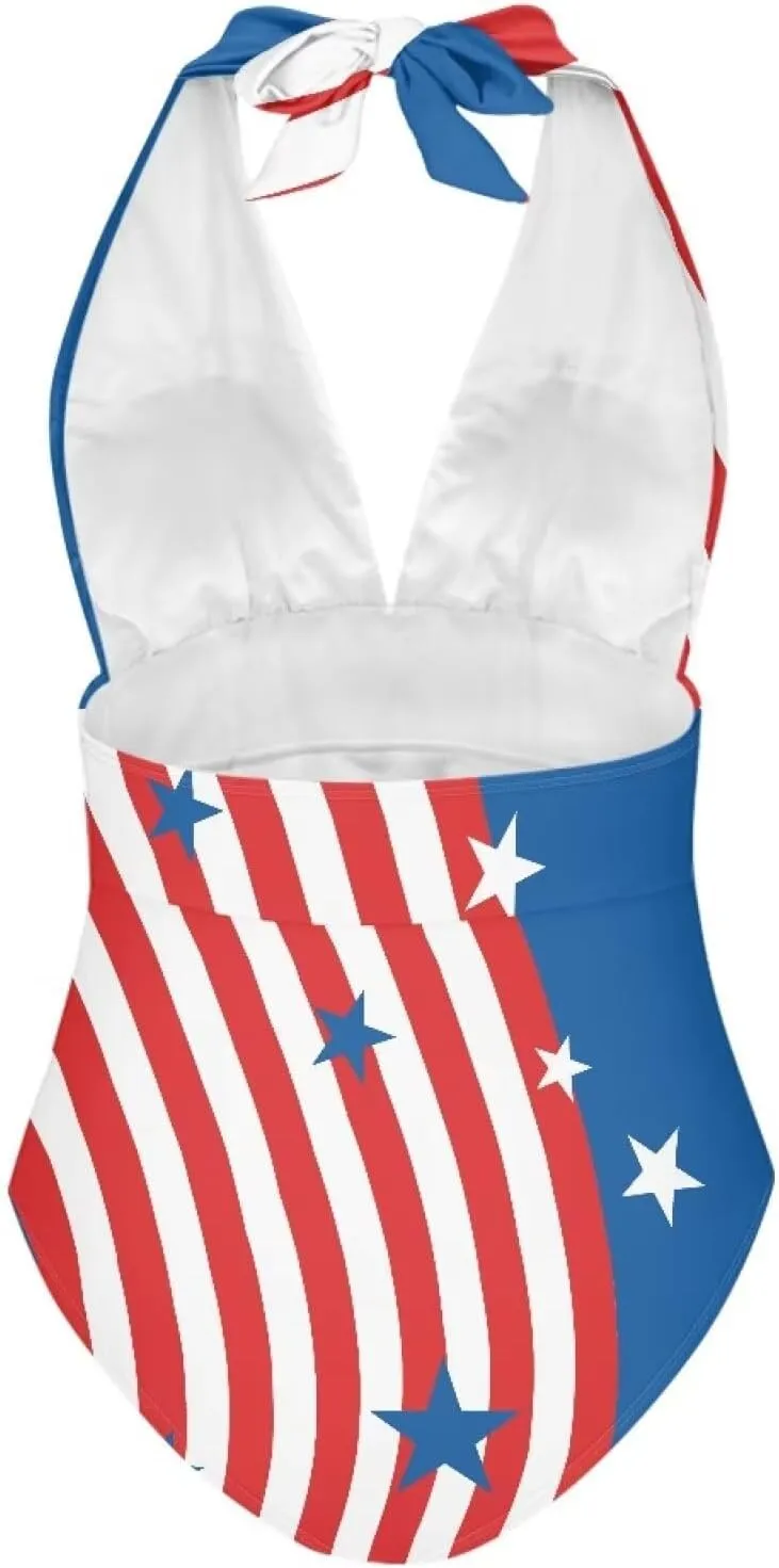 Women Sexy Tummy Control One Piece Swimsuits Sexy High Waist Wrap Swimwear Suit Stars and Stripes V Neck Swimwear