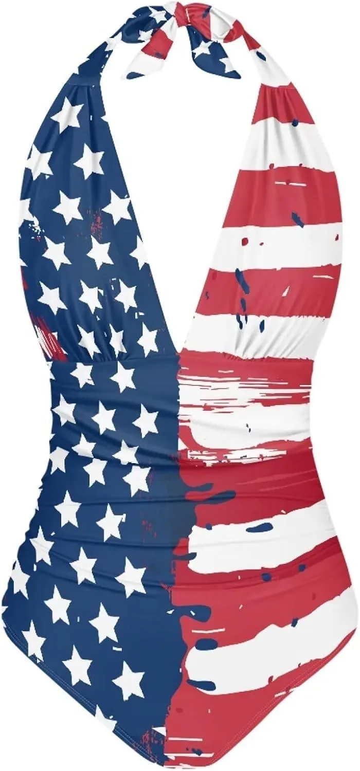 Women Sexy Tummy Control One Piece Swimsuits Sexy High Waist Wrap Swimwear Suit Stars and Stripes V Neck Swimwear