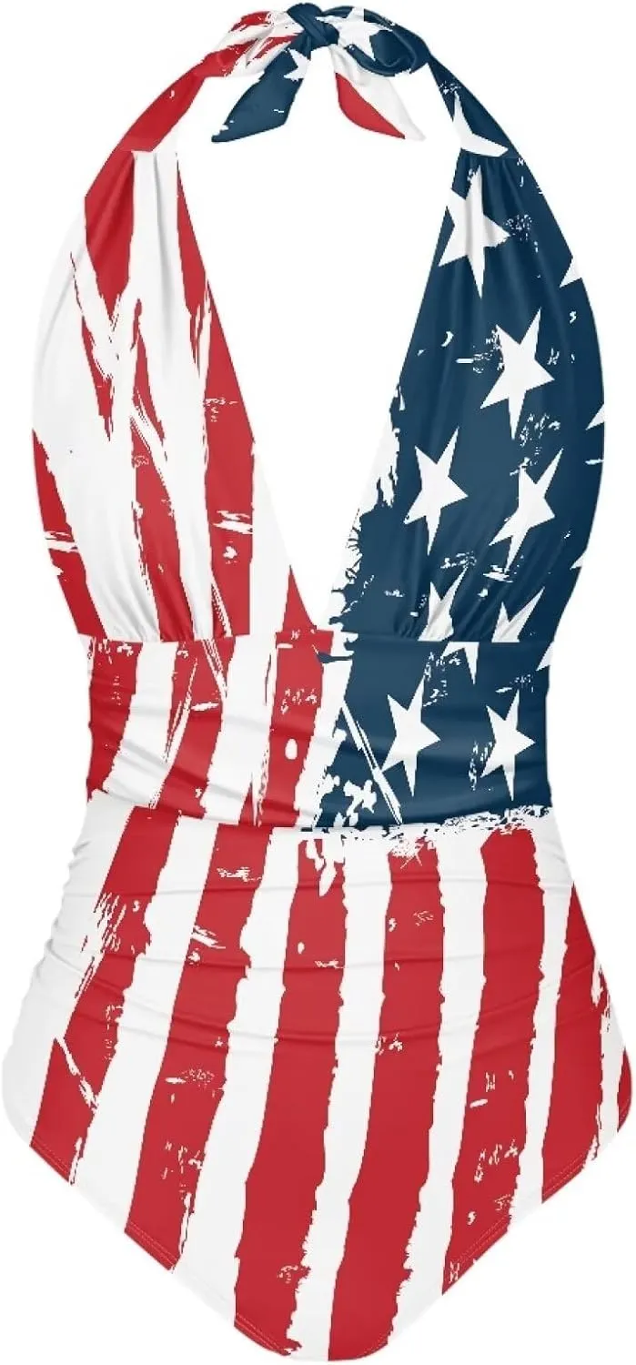 Women Sexy Tummy Control One Piece Swimsuits Sexy High Waist Wrap Swimwear Suit Stars and Stripes V Neck Swimwear