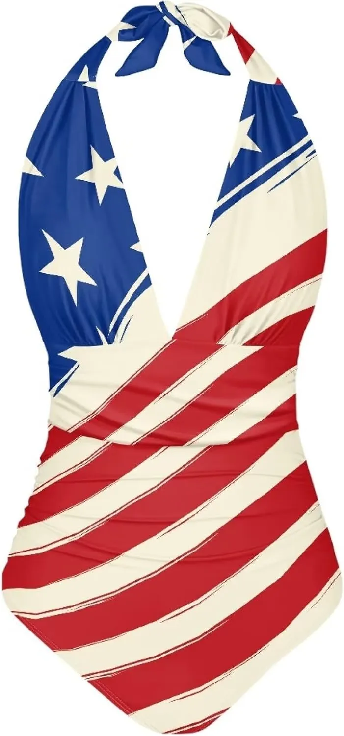 Women Sexy Tummy Control One Piece Swimsuits Sexy High Waist Wrap Swimwear Suit Stars and Stripes V Neck Swimwear