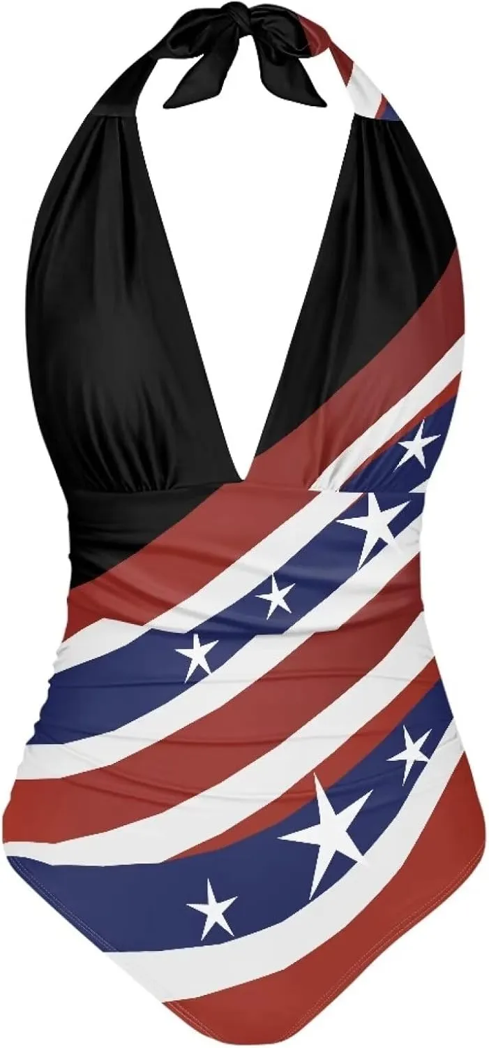 Women Sexy Tummy Control One Piece Swimsuits Sexy High Waist Wrap Swimwear Suit Stars and Stripes V Neck Swimwear