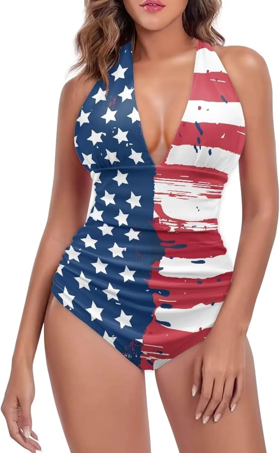 Women Sexy Tummy Control One Piece Swimsuits Sexy High Waist Wrap Swimwear Suit Stars and Stripes V Neck Swimwear