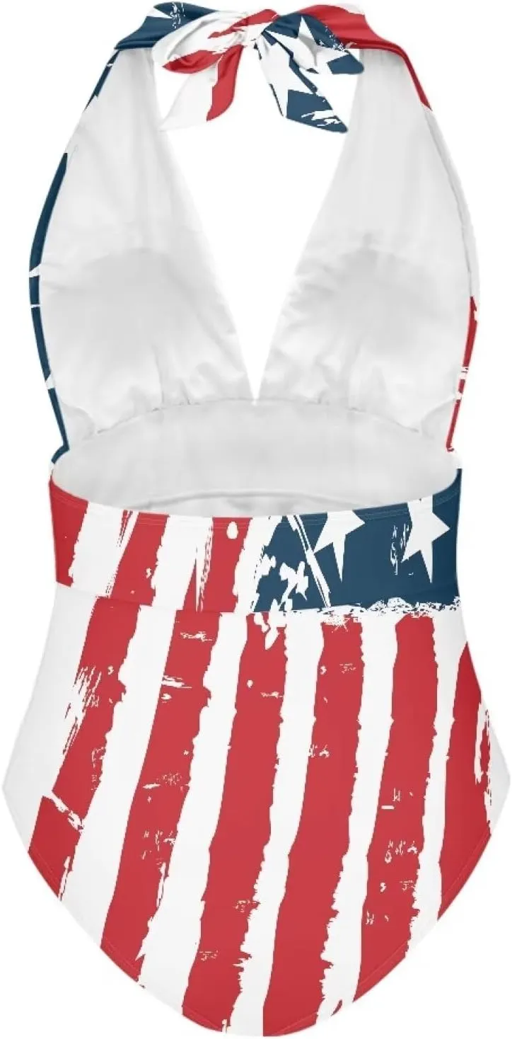 Women Sexy Tummy Control One Piece Swimsuits Sexy High Waist Wrap Swimwear Suit Stars and Stripes V Neck Swimwear