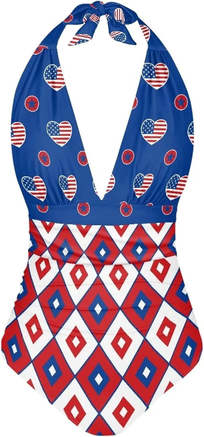 Women Sexy Tummy Control One Piece Swimsuits Sexy High Waist Wrap Swimwear Suit Stars and Stripes V Neck Swimwear