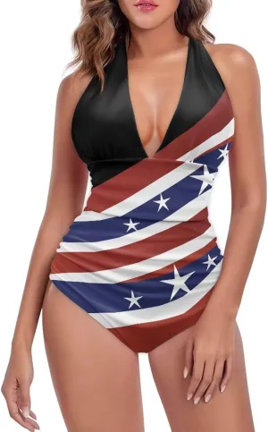 Women Sexy Tummy Control One Piece Swimsuits Sexy High Waist Wrap Swimwear Suit Stars and Stripes V Neck Swimwear