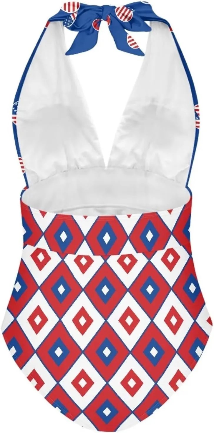 Women Sexy Tummy Control One Piece Swimsuits Sexy High Waist Wrap Swimwear Suit Stars and Stripes V Neck Swimwear
