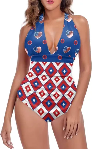 Women Sexy Tummy Control One Piece Swimsuits Sexy High Waist Wrap Swimwear Suit Stars and Stripes V Neck Swimwear