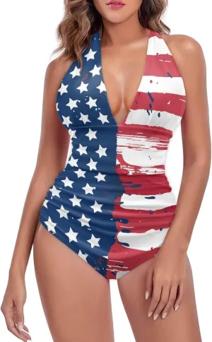 Women Sexy Tummy Control One Piece Swimsuits Sexy High Waist Wrap Swimwear Suit Stars and Stripes V Neck Swimwear