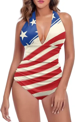 Women Sexy Tummy Control One Piece Swimsuits Sexy High Waist Wrap Swimwear Suit Stars and Stripes V Neck Swimwear