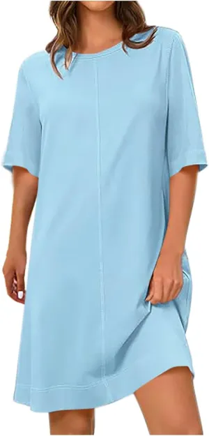 Women Short Sleeve Baggy T-Shirt Dresses, Summer Spring Round Neck Beach Cover ups, Plain Shift Dress Loose Fit