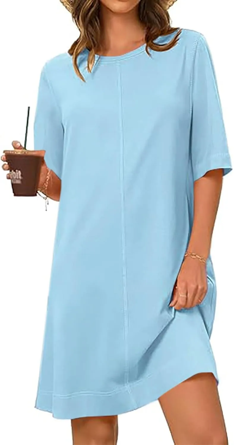 Women Short Sleeve Baggy T-Shirt Dresses, Summer Spring Round Neck Beach Cover ups, Plain Shift Dress Loose Fit