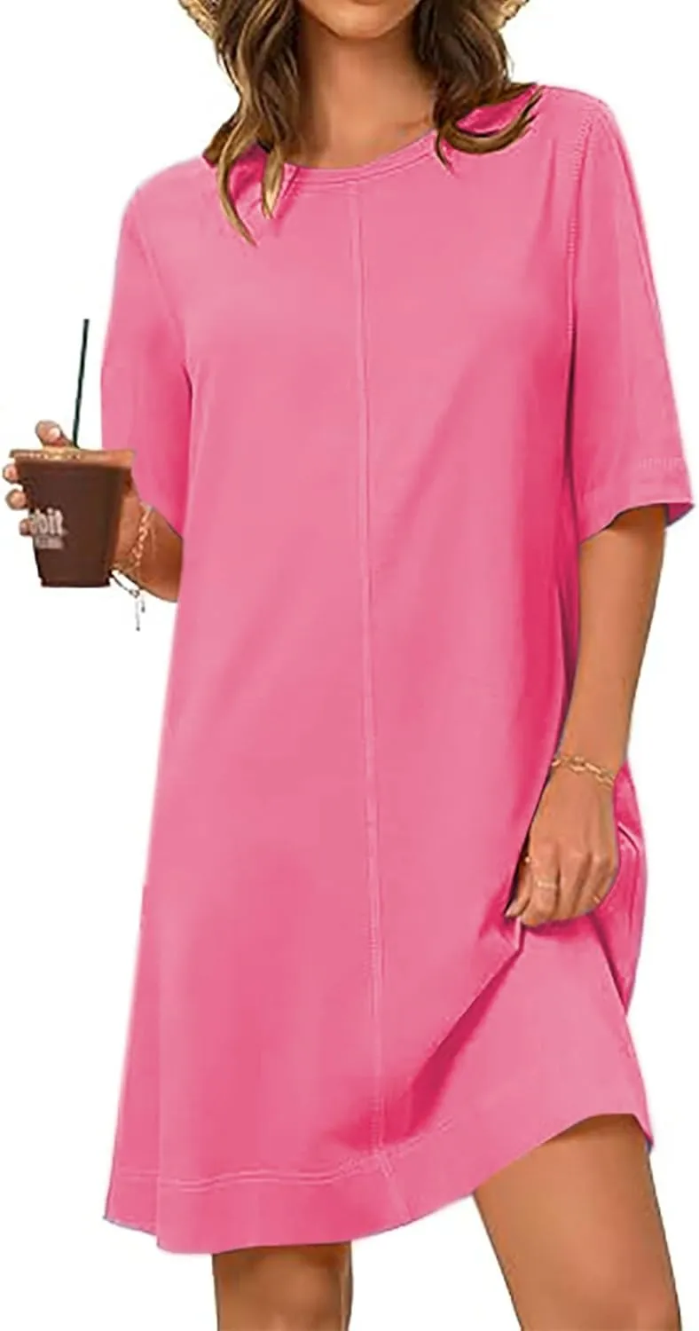 Women Short Sleeve Baggy T-Shirt Dresses, Summer Spring Round Neck Beach Cover ups, Plain Shift Dress Loose Fit