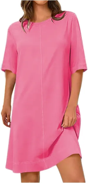 Women Short Sleeve Baggy T-Shirt Dresses, Summer Spring Round Neck Beach Cover ups, Plain Shift Dress Loose Fit
