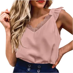 Women Solid Color Sleeveless V-Neck Summer Shirts, Fashion Loose Lace Trim Casual Tank Tops Going Out Trendy Clothes