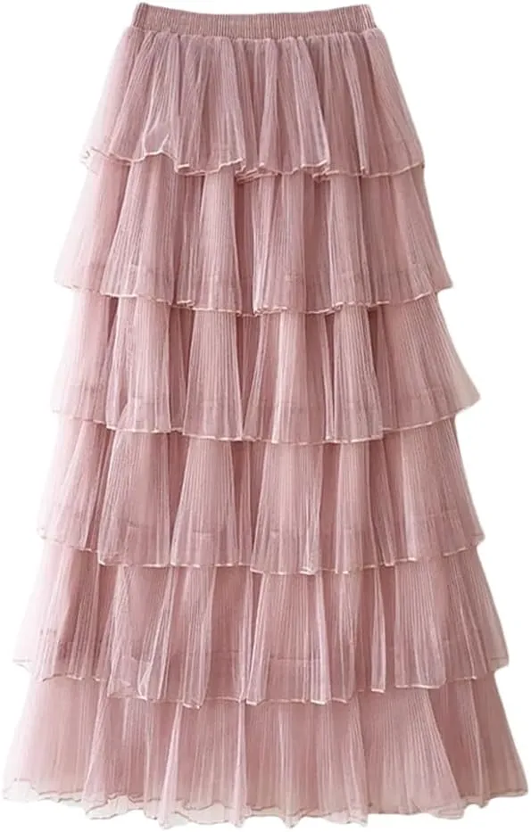Women Solid Long Skirt Tiered Tulle A-Line Skirts Elastic Waist Loose Ankle-Length Skirts