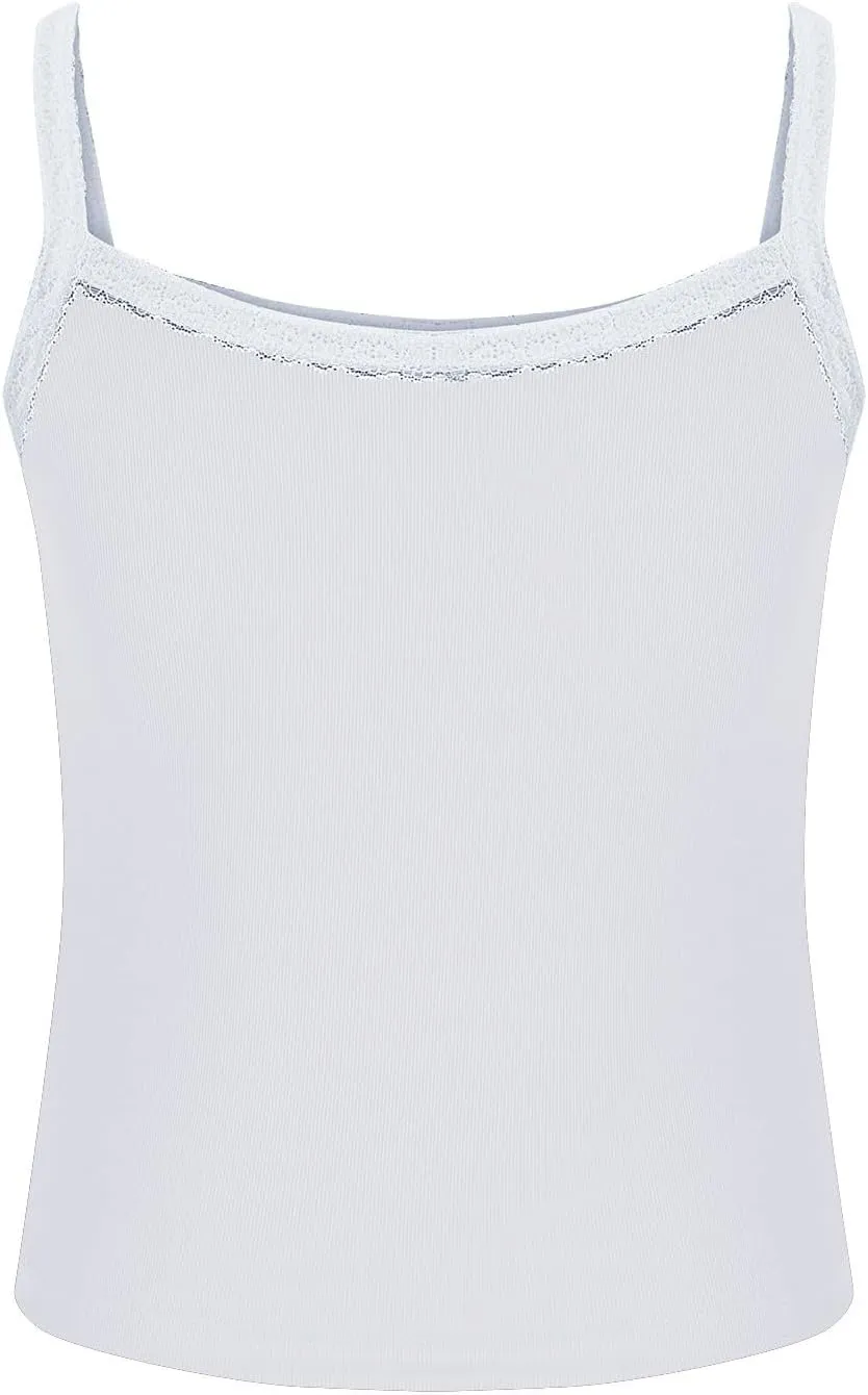 Women Strappy Square Neck Crop Tank Tops, Summer Sleeveless Slim Fit Lace Trim Trendy Clothes Going Out Casual Shirts