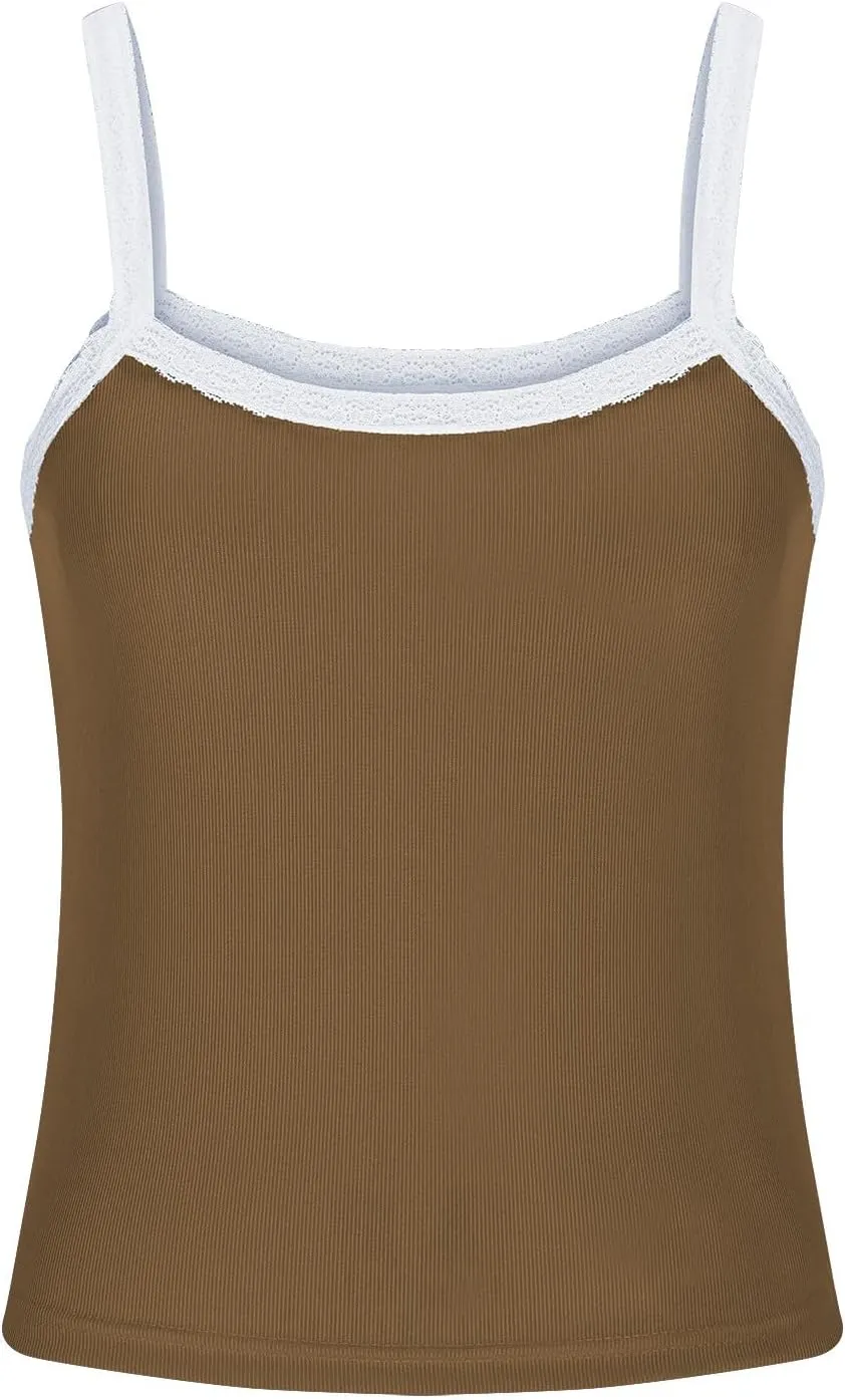 Women Strappy Square Neck Crop Tank Tops, Summer Sleeveless Slim Fit Lace Trim Trendy Clothes Going Out Casual Shirts