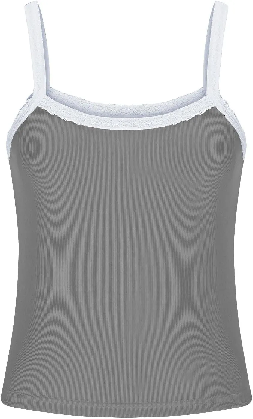 Women Strappy Square Neck Crop Tank Tops, Summer Sleeveless Slim Fit Lace Trim Trendy Clothes Going Out Casual Shirts
