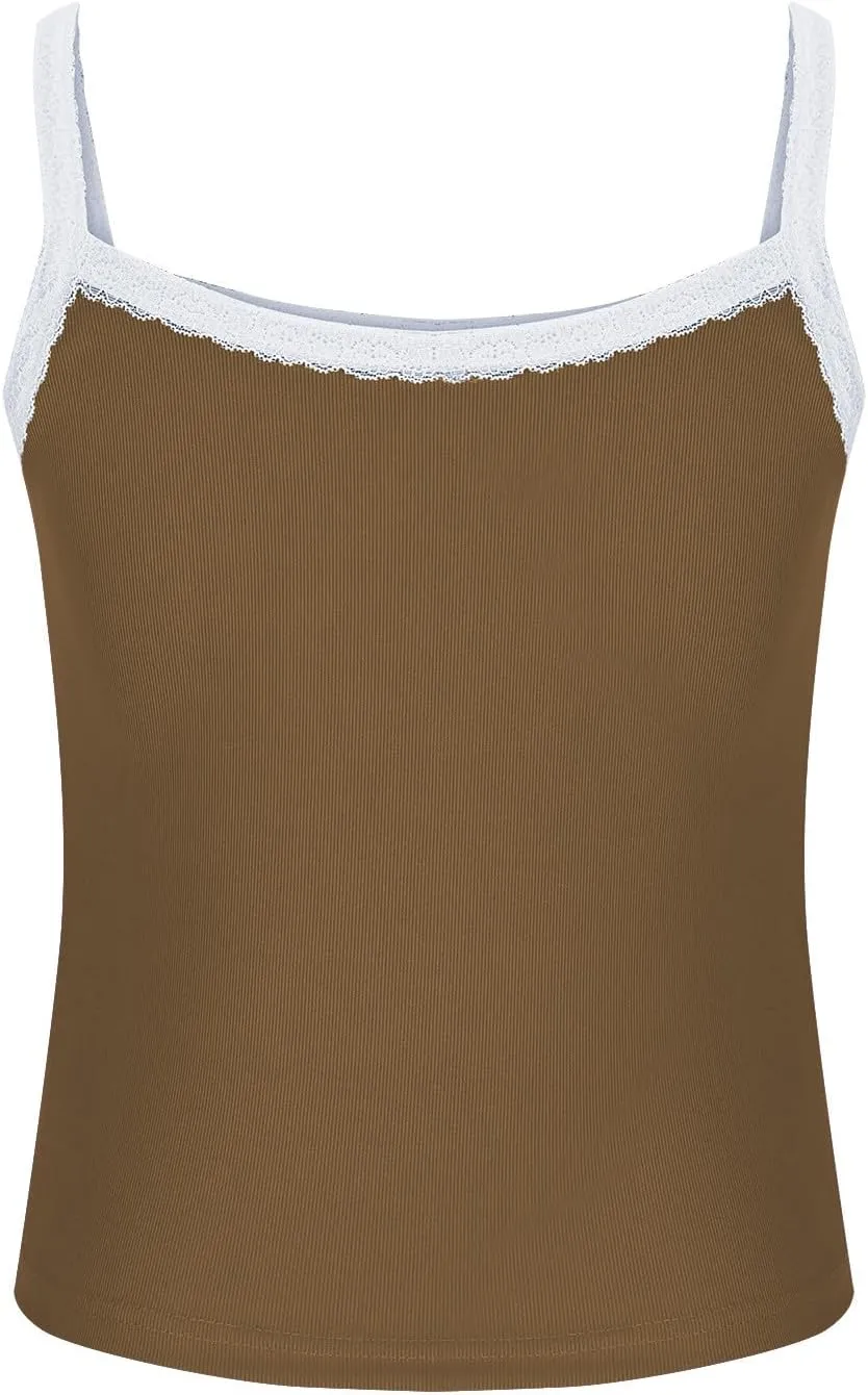 Women Strappy Square Neck Crop Tank Tops, Summer Sleeveless Slim Fit Lace Trim Trendy Clothes Going Out Casual Shirts