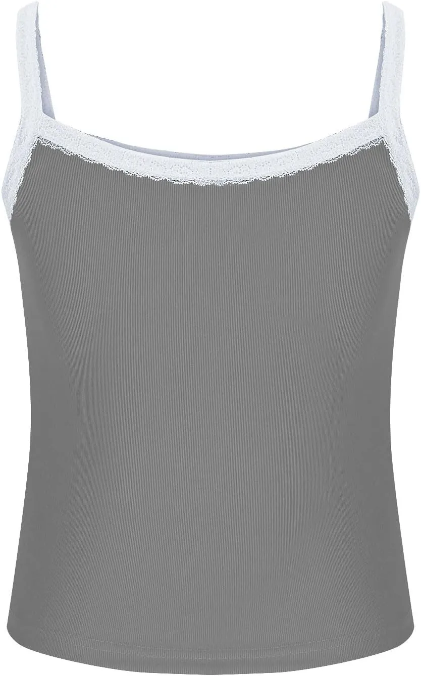 Women Strappy Square Neck Crop Tank Tops, Summer Sleeveless Slim Fit Lace Trim Trendy Clothes Going Out Casual Shirts