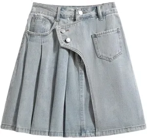 Women Summer A-Line Mini Denim Skirts Irregular Patchwork Fashion Ruffle Pleated Skirts High Waist Skirts
