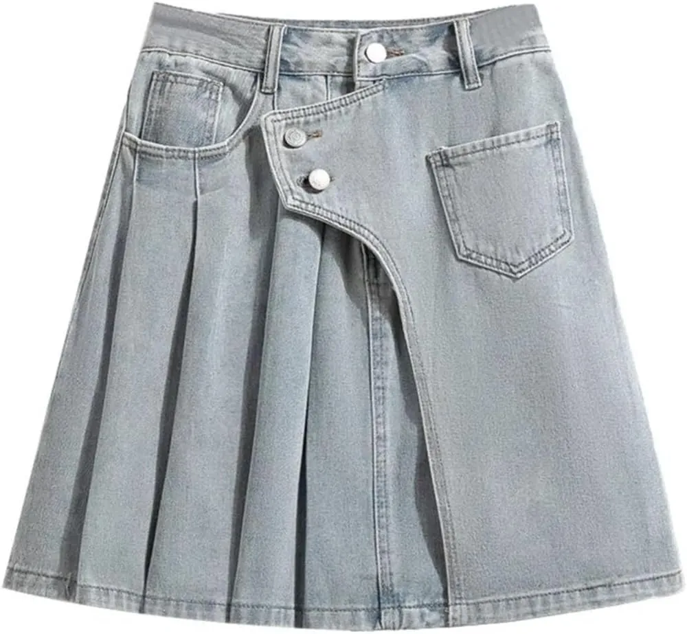Women Summer A-Line Mini Denim Skirts Irregular Patchwork Fashion Ruffle Pleated Skirts High Waist Skirts