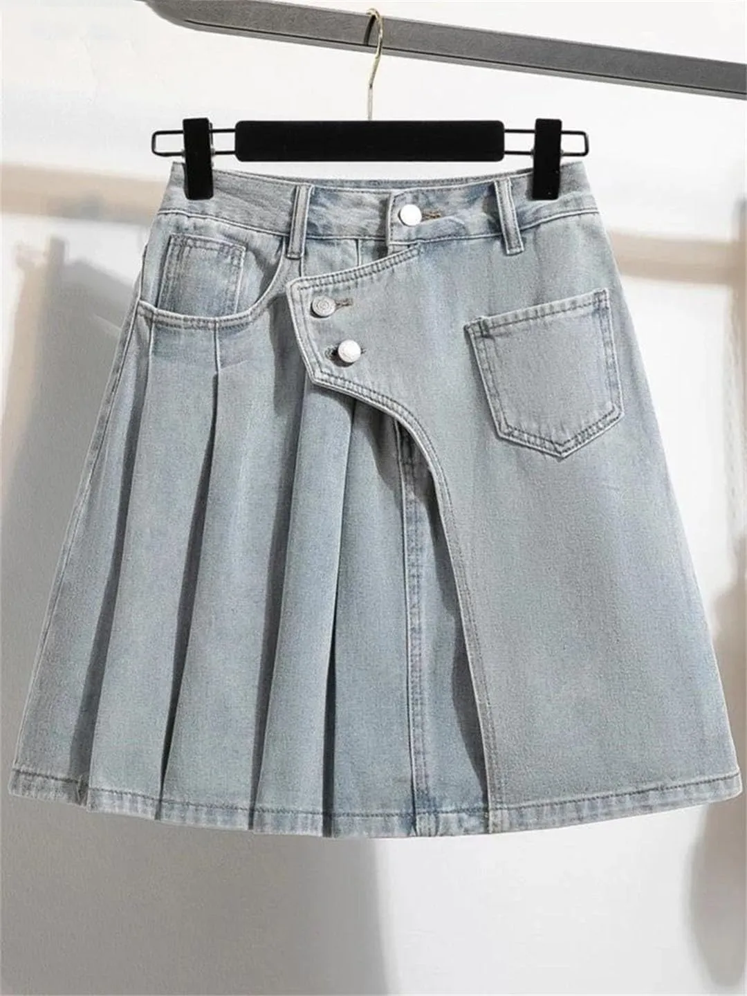 Women Summer A-Line Mini Denim Skirts Irregular Patchwork Fashion Ruffle Pleated Skirts High Waist Skirts