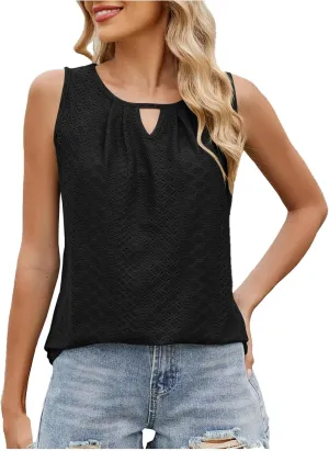 Women Summer Eyelet Embroidery Fashion Tank Tops, Lightweight Sleeveless Crewneck Loose Shirts Vacation Trendy Clothes