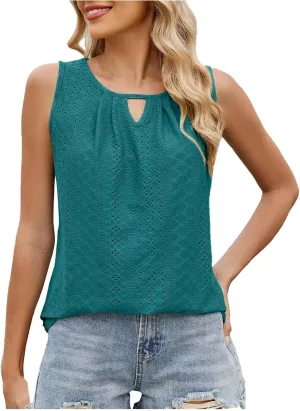 Women Summer Eyelet Embroidery Fashion Tank Tops, Lightweight Sleeveless Crewneck Loose Shirts Vacation Trendy Clothes