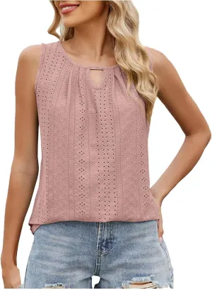 Women Summer Eyelet Embroidery Fashion Tank Tops, Lightweight Sleeveless Crewneck Loose Shirts Vacation Trendy Clothes