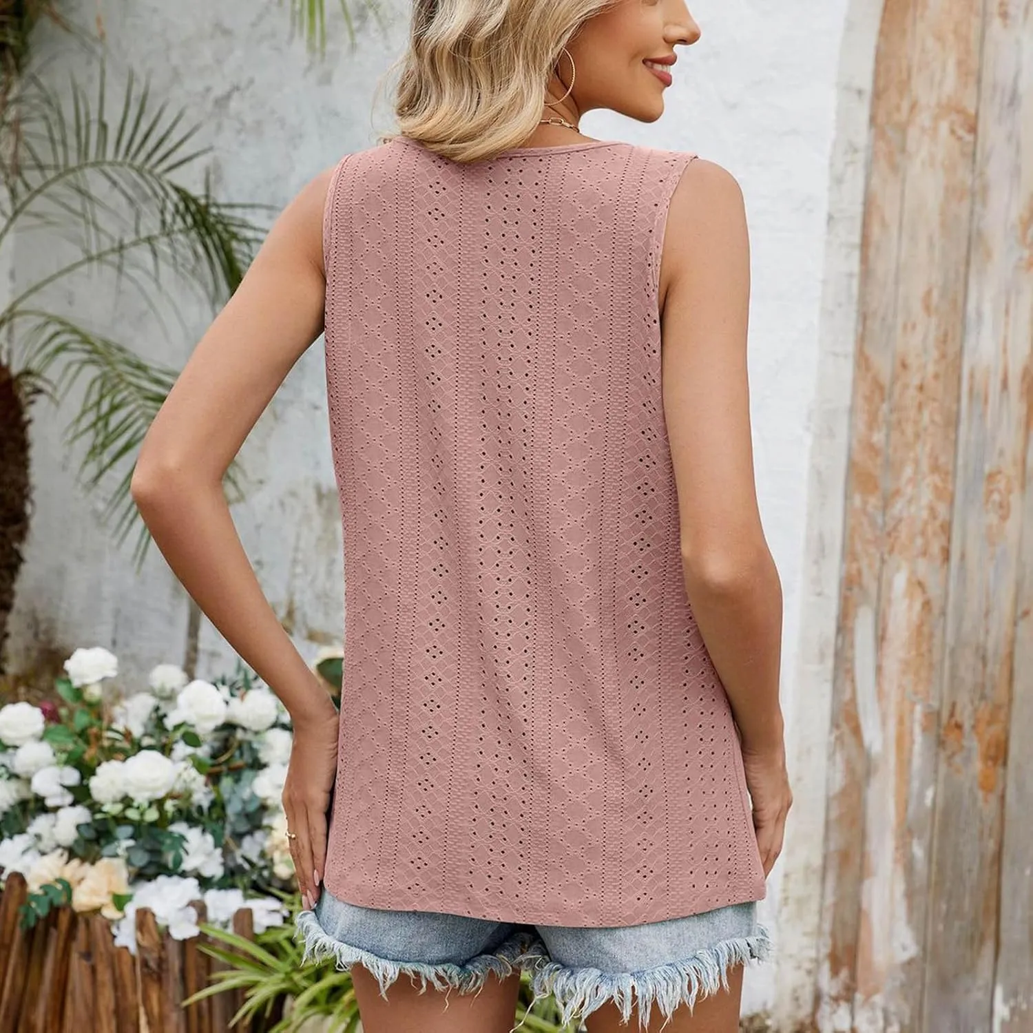 Women Summer Eyelet Embroidery Fashion Tank Tops, Lightweight Sleeveless Crewneck Loose Shirts Vacation Trendy Clothes