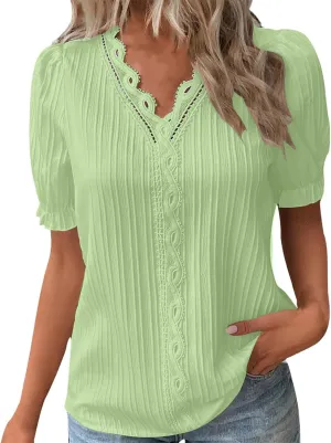 Women Summer Lace V Neck Plain Lace Elegant Shirt Fashion Solid Color Elegant Blouse Short Sleeve Tops Plus Size