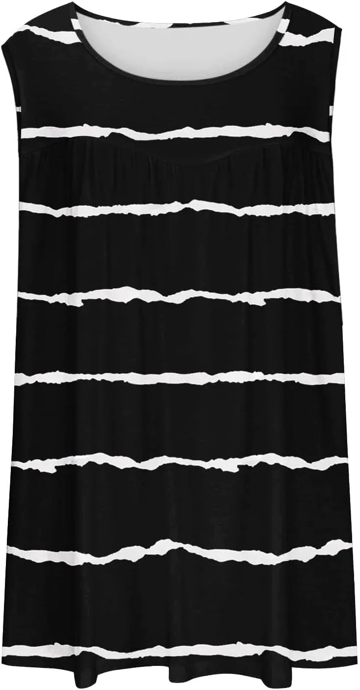 Women Summer Plus Size Loose Tank Tops, Fashion Striped Print Sleeveless Casual Shirts Comfy Breathable Vacation Clothes