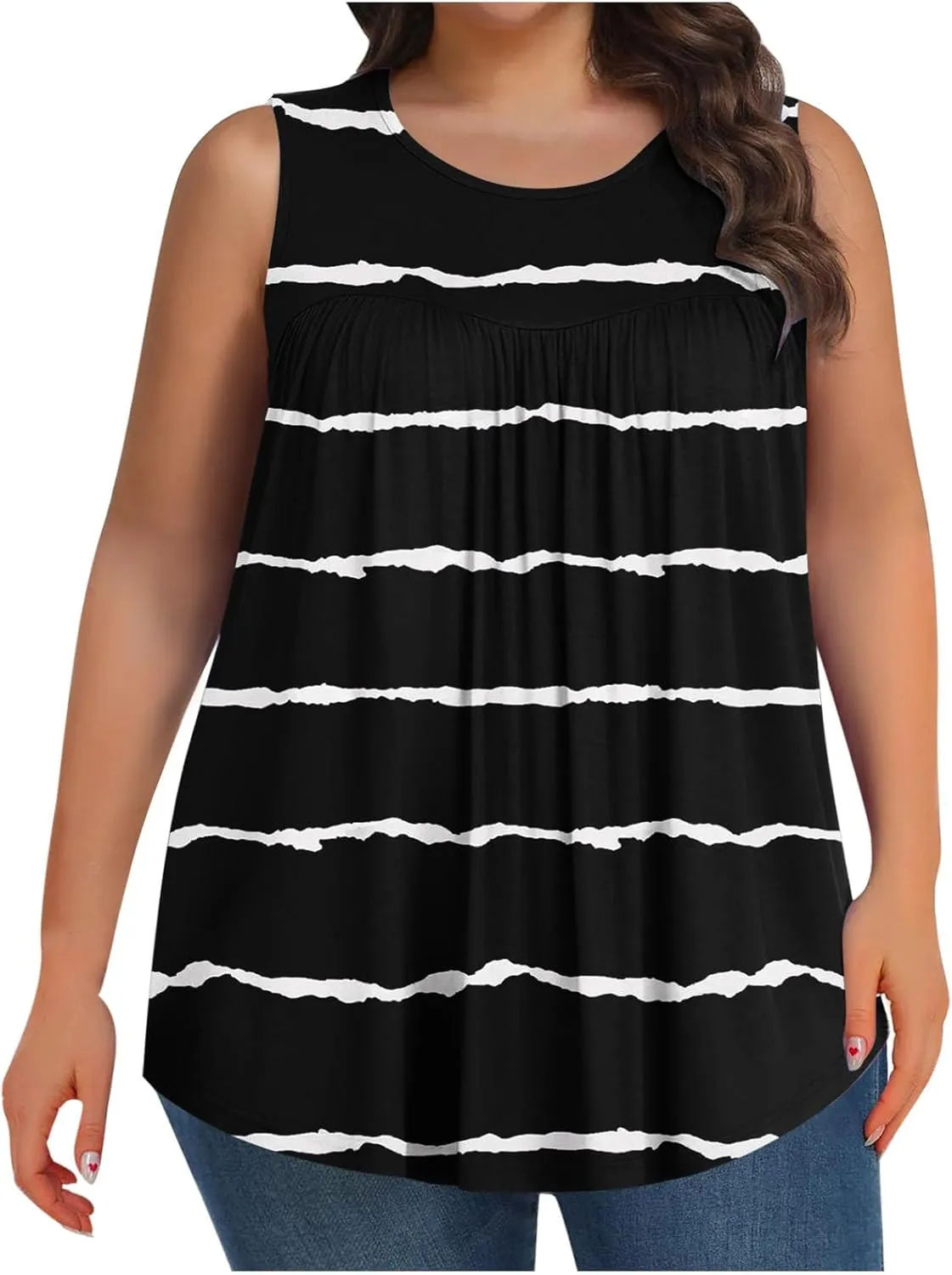 Women Summer Plus Size Loose Tank Tops, Fashion Striped Print Sleeveless Casual Shirts Comfy Breathable Vacation Clothes