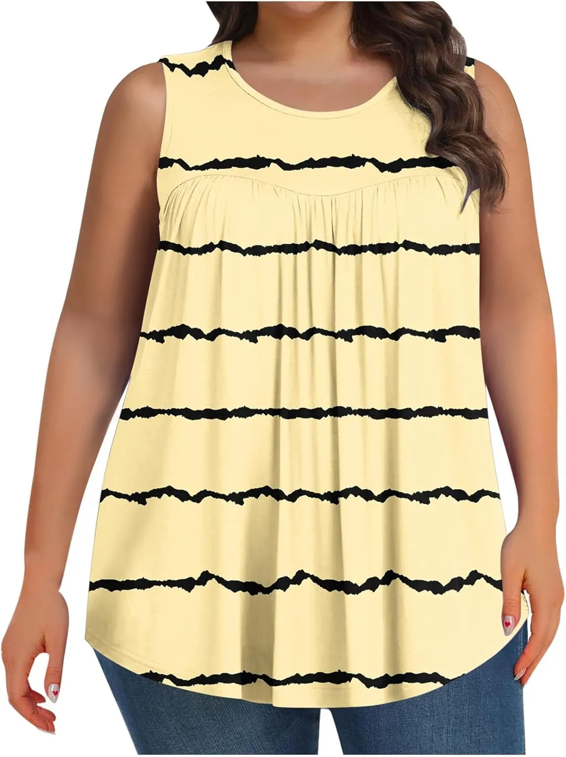 Women Summer Plus Size Loose Tank Tops, Fashion Striped Print Sleeveless Casual Shirts Comfy Breathable Vacation Clothes