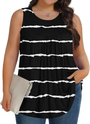Women Summer Plus Size Loose Tank Tops, Fashion Striped Print Sleeveless Casual Shirts Comfy Breathable Vacation Clothes