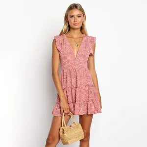 Women Summer Popular Sexy Deep-V Fold Slim Look Poker Dot Dress