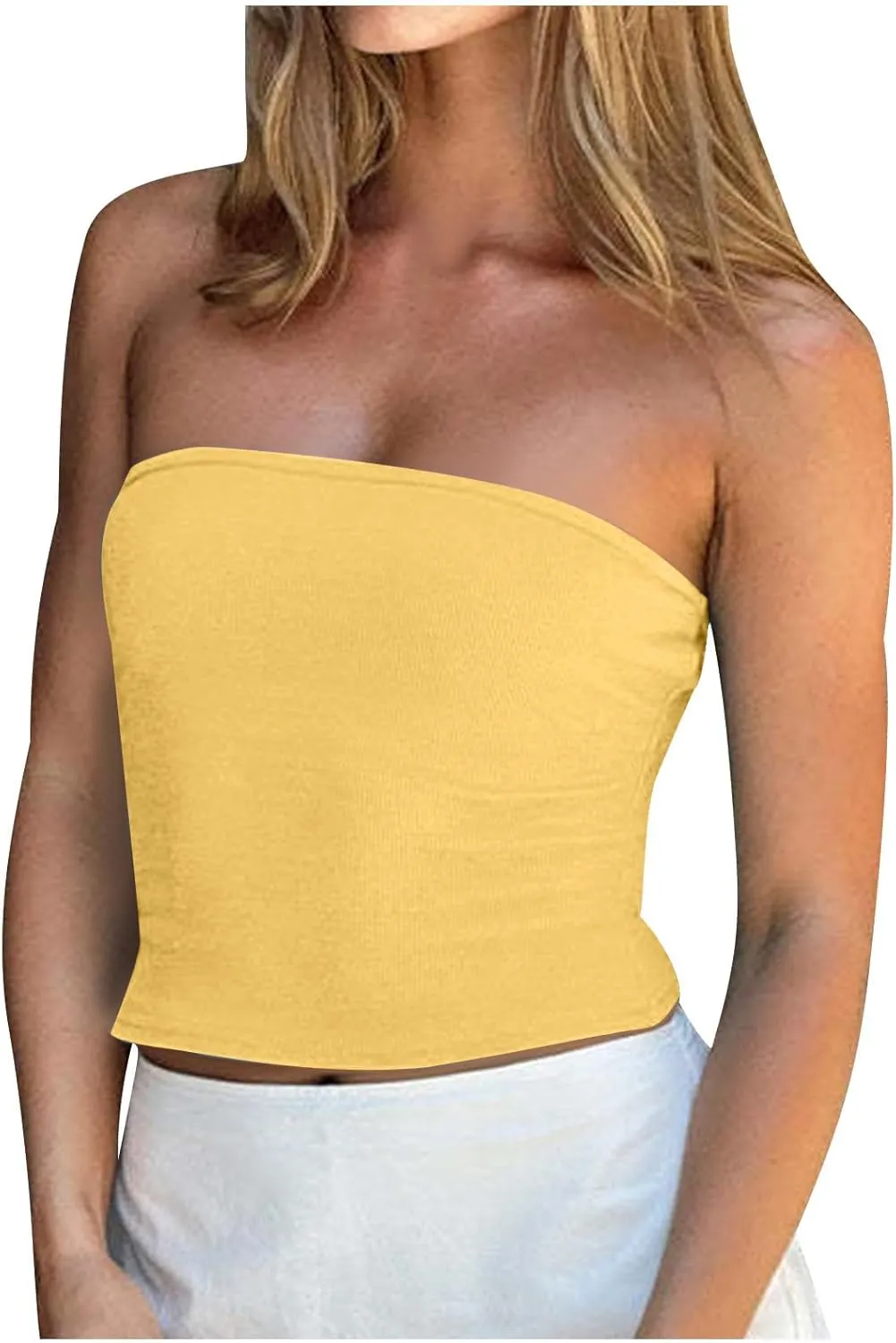 Women Summer Ribbed Knit Crop Tube Top, Elastic Slim Summer Going Out Trendy Clothes Strapless Breathable Basic Bustier